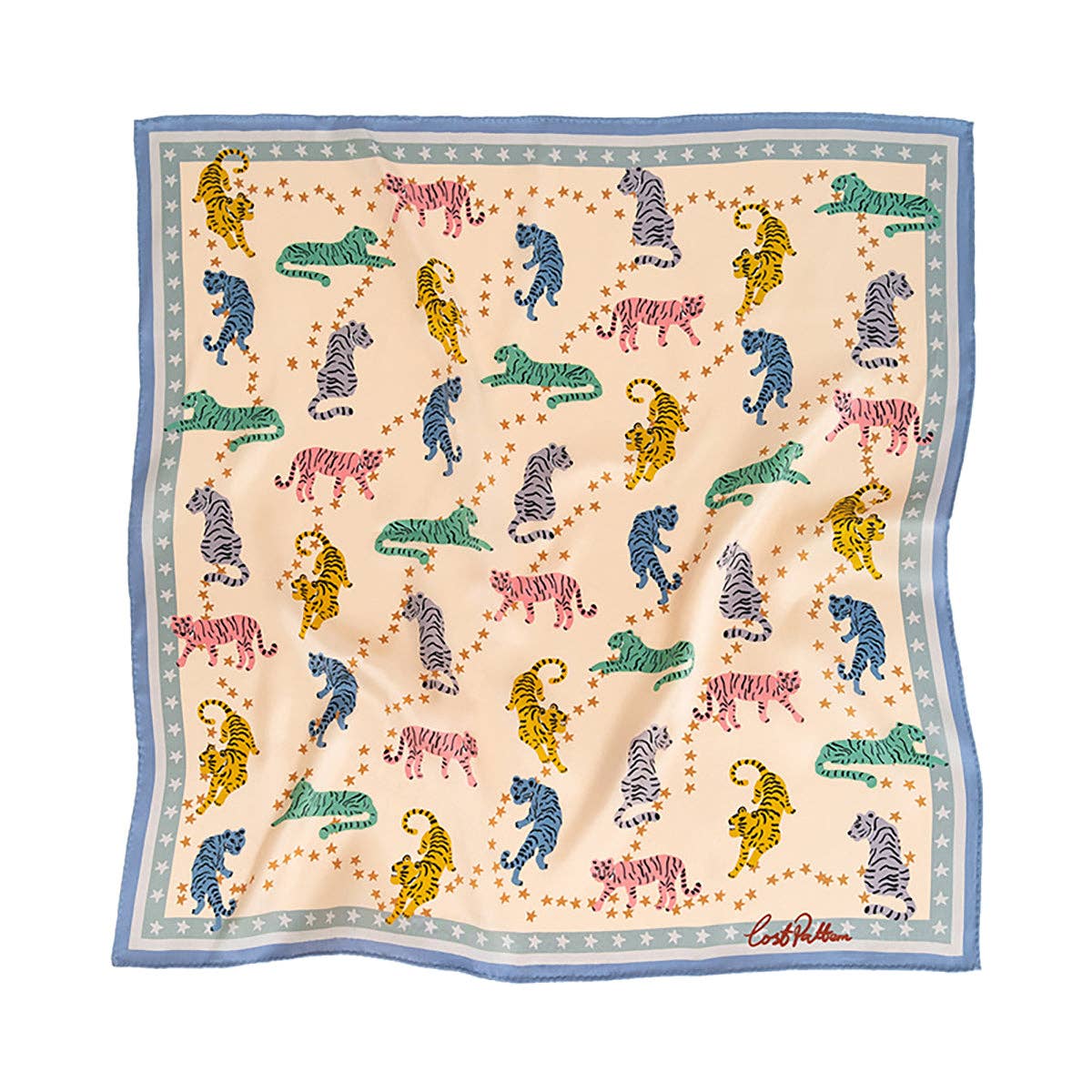 "Neon Tigers" Silk Bandana Scarf - Dusty Blue / 65cm*65cm