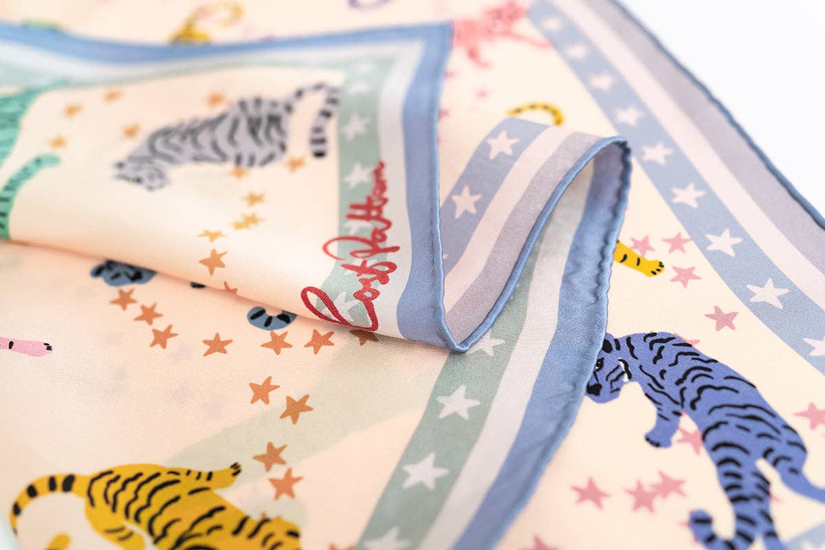 "Neon Tigers" Silk Bandana Scarf - Dusty Blue / 65cm*65cm