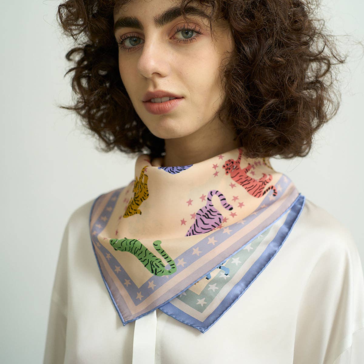 "Neon Tigers" Silk Bandana Scarf - Dusty Blue / 65cm*65cm