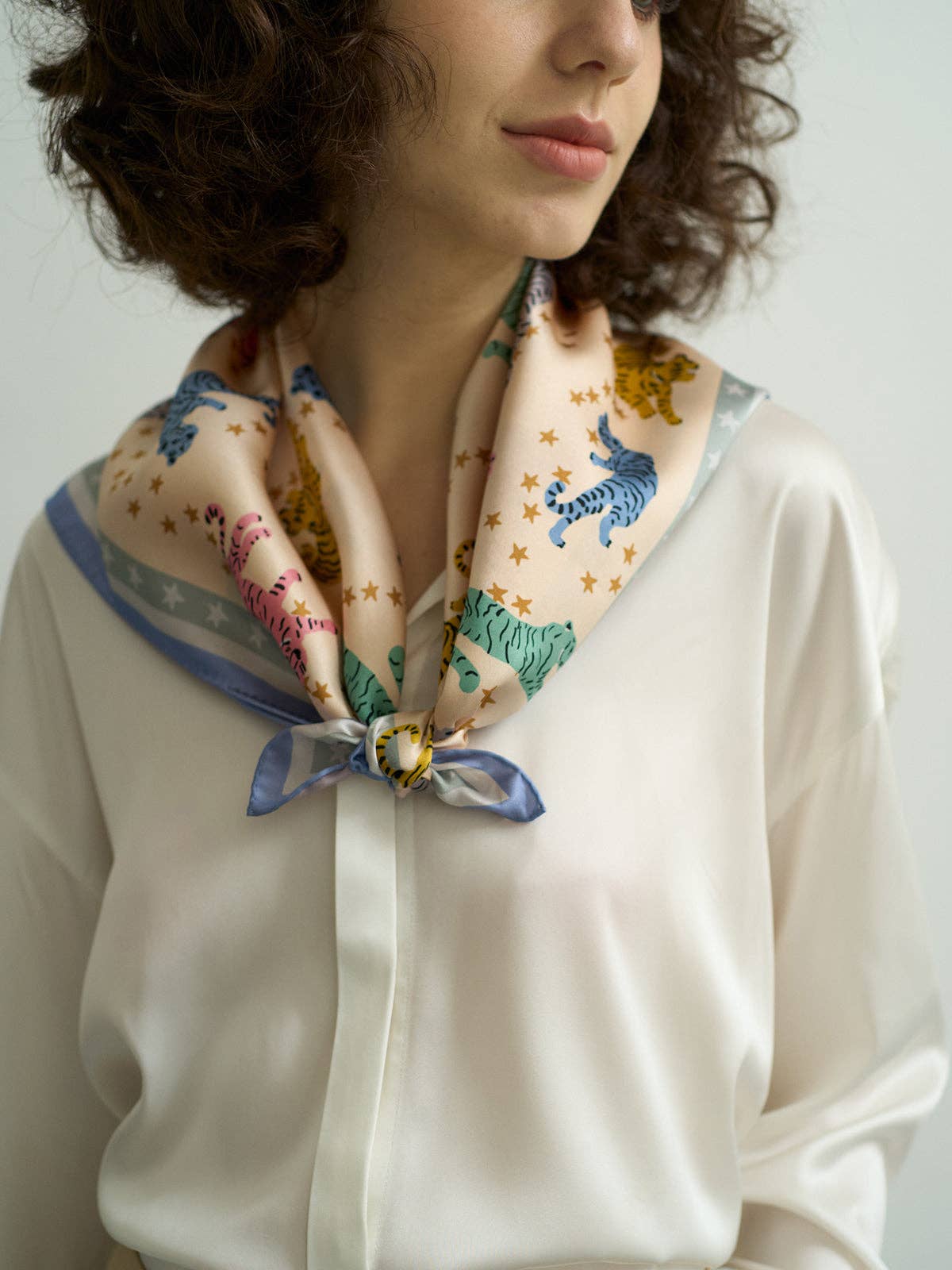 "Neon Tigers" Silk Bandana Scarf - Dusty Blue / 65cm*65cm