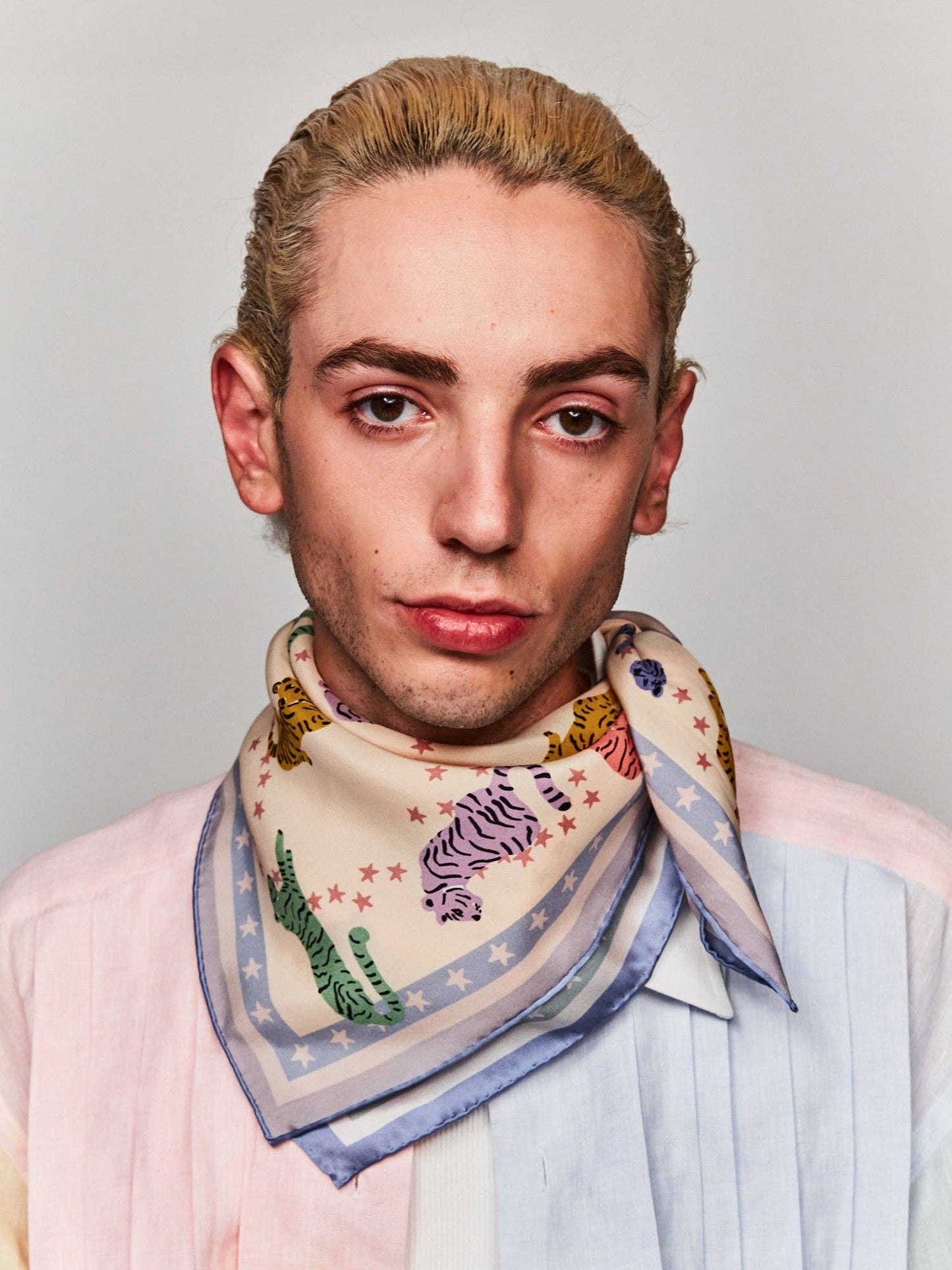"Neon Tigers" Silk Bandana Scarf - Dusty Blue / 65cm*65cm