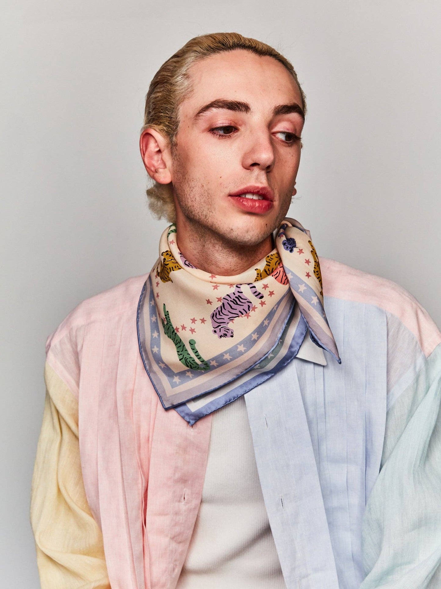 "Neon Tigers" Silk Bandana Scarf - Dusty Blue / 65cm*65cm