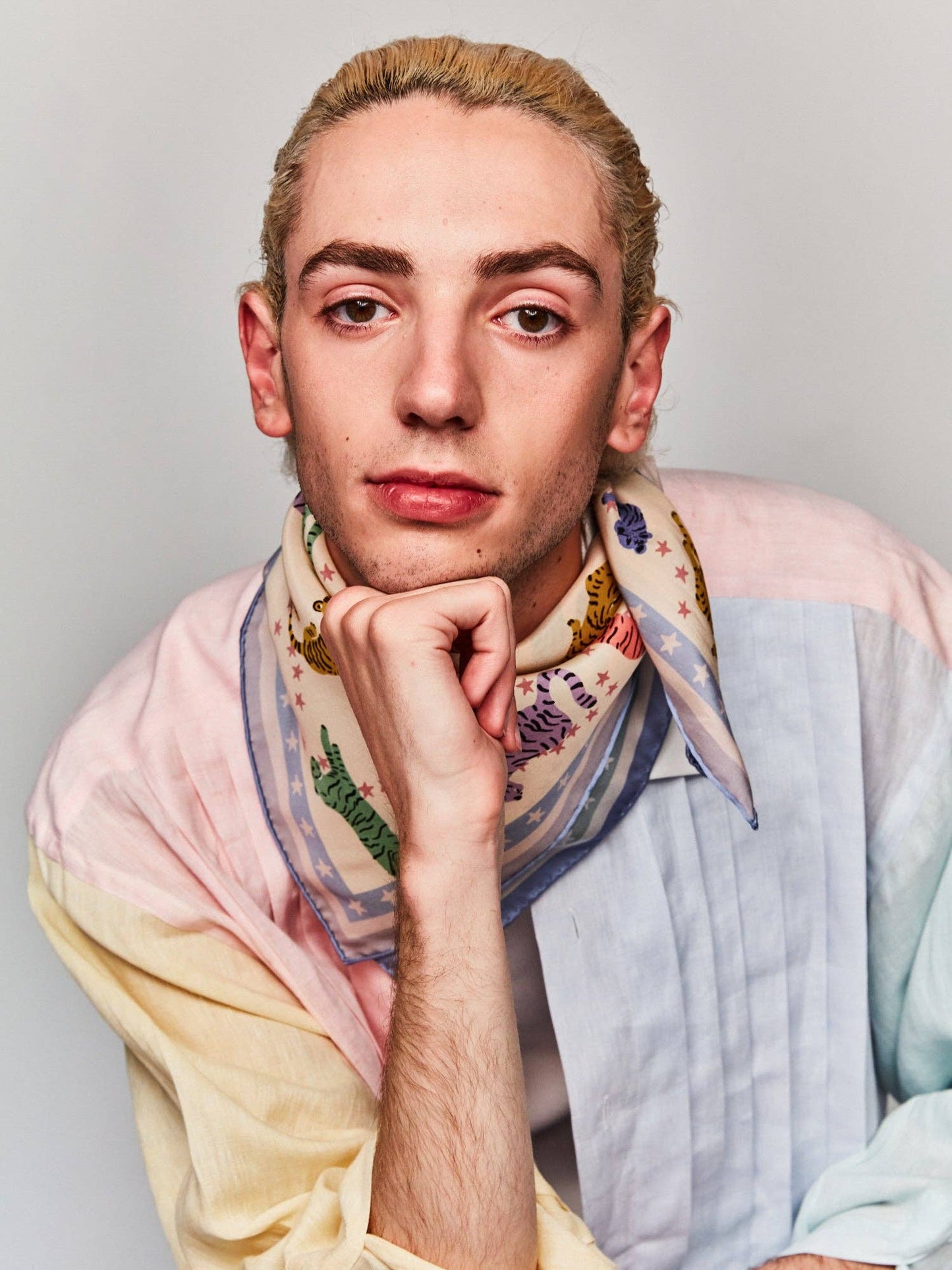 "Neon Tigers" Silk Bandana Scarf - Dusty Blue / 65cm*65cm