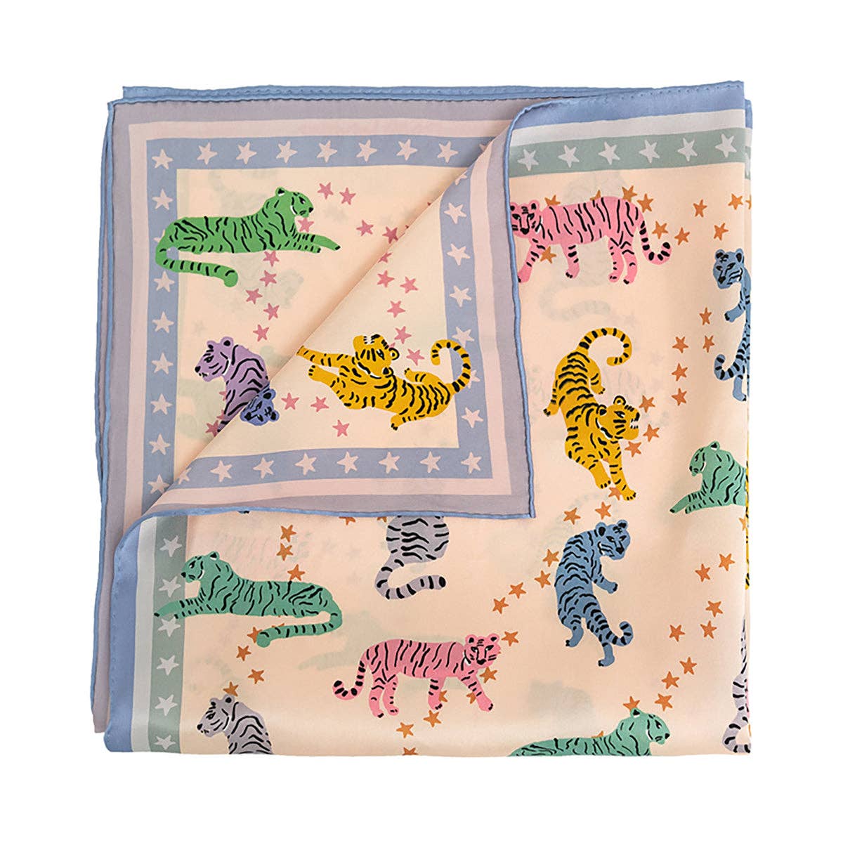 "Neon Tigers" Silk Bandana Scarf - Dusty Blue / 65cm*65cm