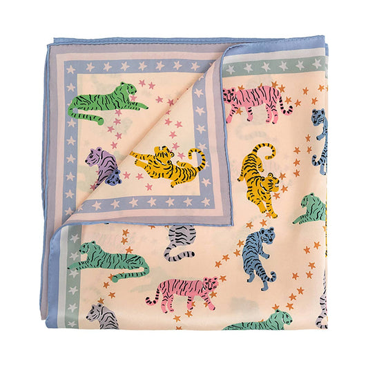 "Neon Tigers" Silk Bandana Scarf - Dusty Blue / 65cm*65cm